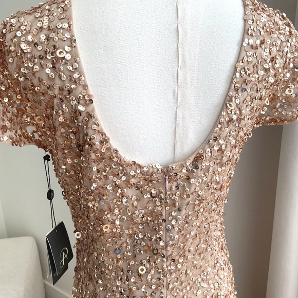 gold sequin scoop back dress Rose Gold Sequin Bridesmaid dress Cowl Back Cap Sleeves Scoop neck –  dressblee